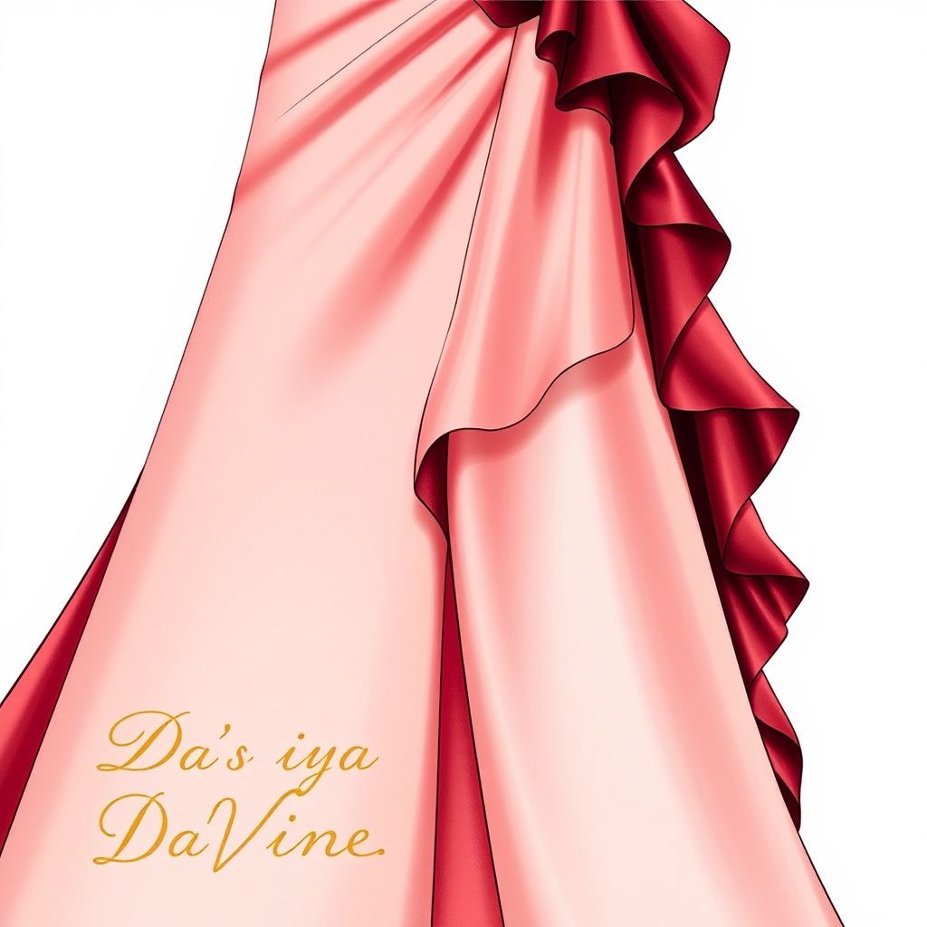 Create a dress made of writing in cursive. Let the words be “Da’Vine” and with burgundy pieces draped around. Put “Da’Vine” in the bottom left corner
Envision an exquisite evening gown, elegantly crafted from flowing silk, featuring delicate cursive lettering spelling “Da’Vine.” This sophisticated dress showcases cascading ruffles of rich burgundy fabric, artfully draped to evoke timeless grace. The brand name, “Da’Vine,” delicately inscribed in gold thread, rests elegantly in the bottom left corner, enhancing its allure.