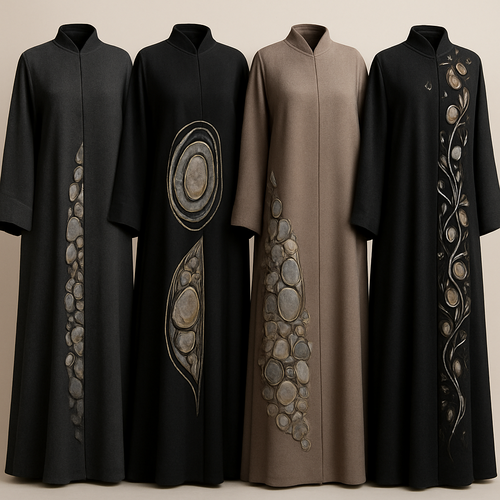 Create a modest abaya, first of its kind, featuring a unique stone design that exudes a classy and sophisticated vibe. I'd like four designs, each showcasing different styles and fabrics. Incorporate high-end, unique chic stone designs to make them truly special. Add little sophisticated stone designs. Make it irresistible with designs that stands out.