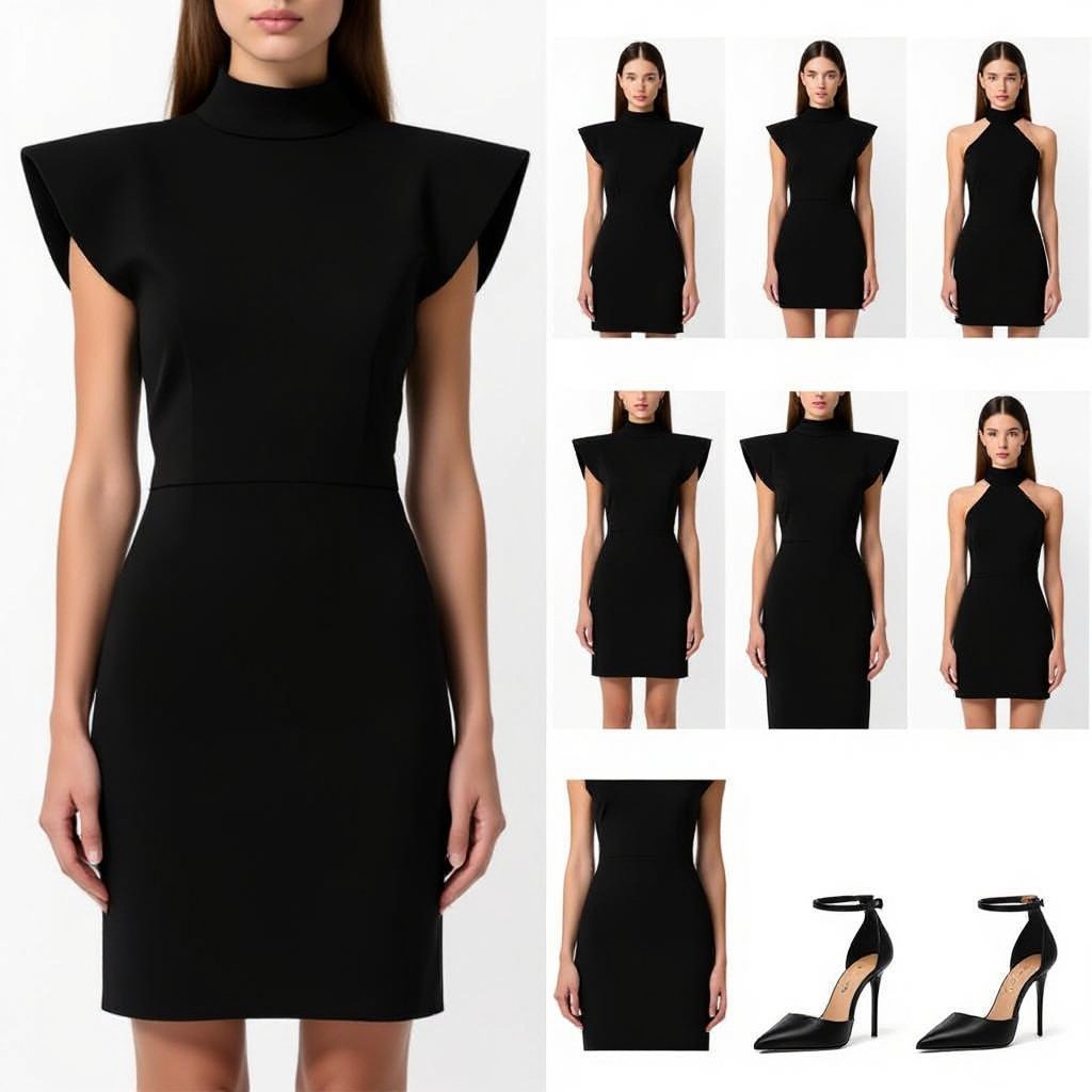 No backgroung picture when creating my dress please and no funny hats just hairstyles. A very short dress with extreme padded shoulders in black and very sexy for night out
Minimalist fashion: Short black dress, cotton. Extreme padded shoulders. High neckline. Straight cut. For a night out.