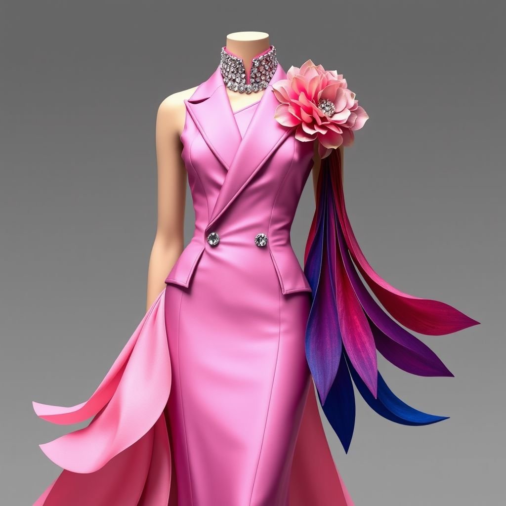 Create a beautiful Gown with structured top that looks like a suit, but one handed and also designed with crystals and on the side that has that has a sleeve. It should have three colors and on the edge of the collar. It should be a flower pedal so that all the other colors look like part of the flower. Make it one sleeve and the collar should start from the right to the left and the base of the collar should be a flower and the three colors that follow it is gonna look like petals join to the flowers. Make the right side sleeveless with the shoulder bare,
Design an exquisite haute couture gown featuring a structured, one-shoulder top resembling a tailored suit crafted from luxurious fabrics. Adorned with sparkling crystals, the gown boasts a unique floral collar, blooming from the right shoulder. The left side showcases a bare shoulder, while cascading petal-like extensions in three harmonious colors flow gracefully, merging artistry with elegance.