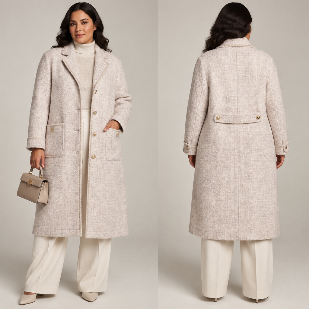 A Unisex Coat design, made of Wool, with a soft, cosy hand, with a Relaxed silhouette, in a Pastels color palette, for Casual, suitable for Fall, suited to a Temperate climate, in Classic + Business + Unisex style, shown on a model with medium skin tone and a curvy figure. ткань, шерсть или твид, светлый, стиль Шанель. Russia fashion aesthetics. Present it as professional fashion catalogue photography: the garment is the subject, shown full-length with editorial styling, neutral posing and tasteful, non-suggestive framing.
photorealistic fashion design, A Unisex Coat design, made of Wool, with a soft, cosy hand, with a Relaxed silhouette, in a Pastels color palette, for Casual, suitable for Fall, suited to a Temperate climate, in Classic + Business + Unisex style, shown on a model with medium skin tone and a curvy figure. ткань, шерсть или твид, светлый, стиль Шанель. Russia fashion aesthetics. Present it as professional fashion catalogue photography: the garment is the subject, shown full-length with editorial styling, neutral posing and tasteful, non-suggestive framing., classic style, just the design no text, show front and back