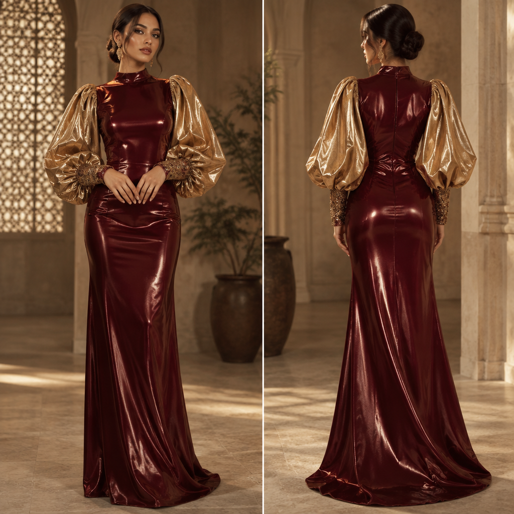 A Female Dress design, made of Silk, with a sleek, smooth finish, with a Bodycon silhouette, for Wedding, suitable for Fall, suited to a Tropical climate, in Elegant style, shown on a model with brown skin and a slim figure. Длинное платье темно красное лаковое,рукава пишные и золотистые. UZ fashion aesthetics. Present it as professional fashion catalogue photography: the garment is the subject, shown full-length with editorial styling, neutral posing and tasteful, non-suggestive framing.
photorealistic fashion design, A Female Dress design, made of Silk, with a sleek, smooth finish, with a Bodycon silhouette, for Wedding, suitable for Fall, suited to a Tropical climate, in Elegant style, shown on a model with brown skin and a slim figure. Длинное платье темно красное лаковое,рукава пишные и золотистые. UZ fashion aesthetics. Present it as professional fashion catalogue photography: the garment is the subject, shown full-length with editorial styling, neutral posing and tasteful, non-suggestive framing., elegant style, just the design no text, show front and back