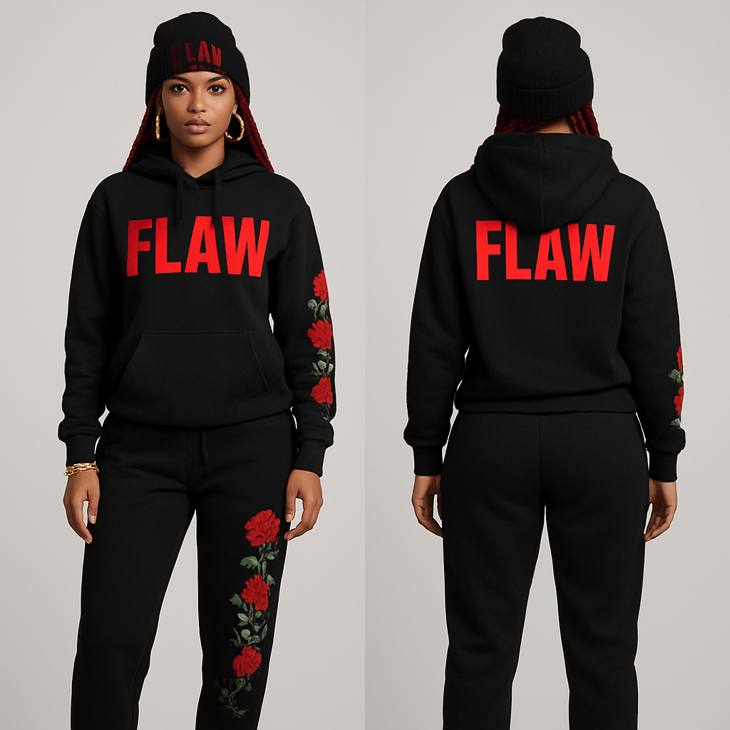 Black jogging suit hoodie with bold words Flaw in abbreviation on it in red braids gold hoop earrings and gold bracelet flowers one sleeve and pants Black cross body purse and black nike shoes a black beanie saying Flaw in red
Black jogging suit hoodie with bold words Flaw in abbreviation on it in red braids gold hoop earrings and gold bracelet flowers one sleeve and pants Black cross body purse and black nike shoes a black beanie saying Flaw in red, streetwear style, show front and back
