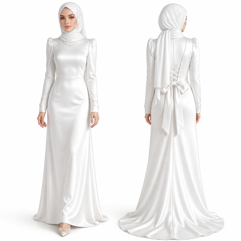 Elegant modest white satin dress for a formal Nikah ceremony, designed for a petite hijabi bride.
The dress is made entirely of smooth, soft white satin with no embroidery, no sequins, and no beading on the dress. Clean, luxurious and minimal.
Front view:
A high modest neckline suitable for hijab. Long sleeves with a very subtle puff at the shoulders, elegant and feminine but not exaggerated. The sleeves are relatively straight and fitted comfortably along the arms, ending at the wrists with small neat satin cuffs.
The bodice is fitted and structured, gently defining the waist without being uncomfortable. The skirt starts at the natural waist and falls in a smooth, elegant straight silhouette. It is not mermaid, not tight, and not voluminous; it should allow comfortable movement. The skirt reaches the floor.
Back view:
A lace-up corset detail at the back gently defines the waist. A medium-sized elegant satin bow is placed at the back around the waist area, positioned so it remains visible with the hijab.
The hijab is pure white, soft and lightweight, draping naturally down to approximately the waist from the back. Add only a few delicate pearl pins to the hijab.
From the bottom back of the skirt, add a short, subtle satin train that extends naturally behind the dress. The train should be elegant and lightweight, not long or dramatic.
Accessories:
A delicate pearl necklace, small pearl earrings, and a pointed-toe white or ivory high heel decorated with subtle pearls or delicate beads. The shoes should be slightly visible beneath the dress when walking.
Overall aesthetic:
Elegant, feminine, sophisticated, youthful, minimal luxury, timeless Nikah bridal look. The dress should look expensive because of its cut and satin fabric, not because of excessive decoration.
Show the design as a professional haute couture fashion sketch, full body, front and back views, realistic fabric draping, clean white background.
photorealistic fashion design, Elegant modest white satin dress for a formal Nikah ceremony, designed for a petite hijabi bride.
The dress is made entirely of smooth, soft white satin with no embroidery, no sequins, and no beading on the dress. Clean, luxurious and minimal.
Front view:
A high modest neckline suitable for hijab. Long sleeves with a very subtle puff at the shoulders, elegant and feminine but not exaggerated. The sleeves are relatively straight and fitted comfortably along the arms, ending at the wrists with small neat satin cuffs.
The bodice is fitted and structured, gently defining the waist without being uncomfortable. The skirt starts at the natural waist and falls in a smooth, elegant straight silhouette. It is not mermaid, not tight, and not voluminous; it should allow comfortable movement. The skirt reaches the floor.
Back view:
A lace-up corset detail at the back gently defines the waist. A medium-sized elegant satin bow is placed at the back around the waist area, positioned so it remains visible with the hijab.
The hijab is pure white, soft and lightweight, draping naturally down to approximately the waist from the back. Add only a few delicate pearl pins to the hijab.
From the bottom back of the skirt, add a short, subtle satin train that extends naturally behind the dress. The train should be elegant and lightweight, not long or dramatic.
Accessories:
A delicate pearl necklace, small pearl earrings, and a pointed-toe white or ivory high heel decorated with subtle pearls or delicate beads. The shoes should be slightly visible beneath the dress when walking.
Overall aesthetic:
Elegant, feminine, sophisticated, youthful, minimal luxury, timeless Nikah bridal look. The dress should look expensive because of its cut and satin fabric, not because of excessive decoration.
Show the design as a professional haute couture fashion sketch, full body, front and back views, realistic fabric draping, clean white background., just the design no text