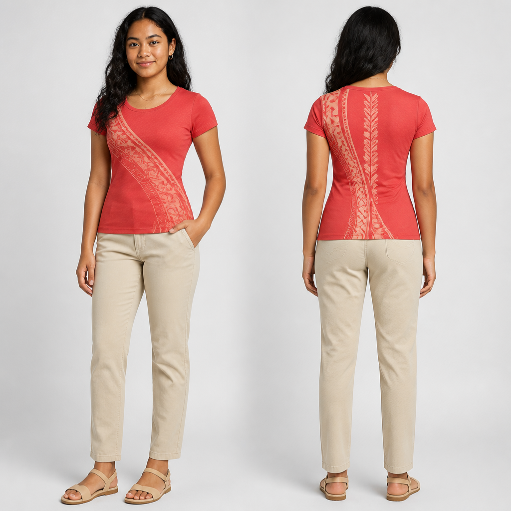 A Polynesian 16 year old teenage girl with black wavy hair and coral red fitted T-Shirt and beige pants and beige sandals and it needs to be School appropriate
photorealistic fashion design, A Polynesian 16 year old teenage girl with black wavy hair and coral red fitted T-Shirt and beige pants and beige sandals and it needs to be School appropriate , tribal style, just the design no text, show front and back