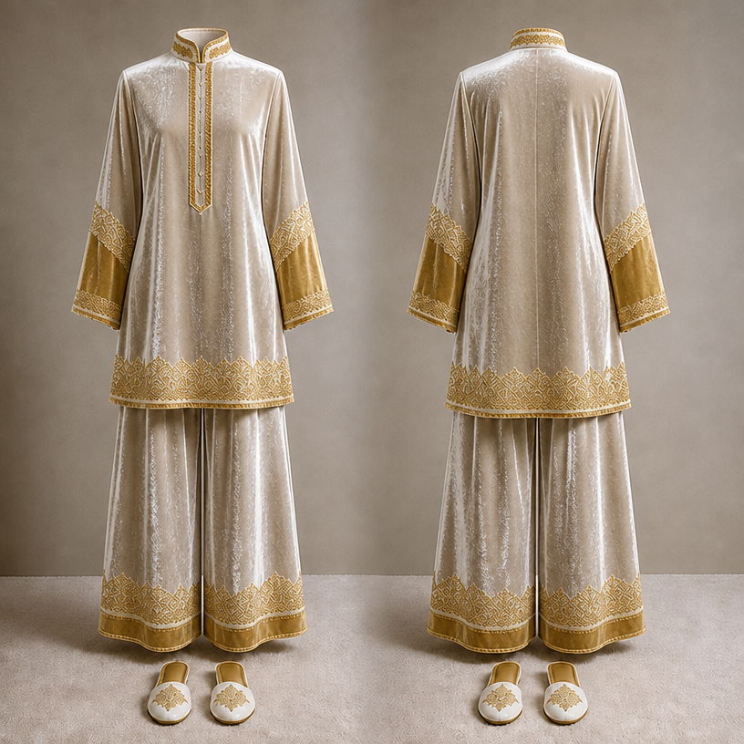 Make the whole outfit velvet
edit the attached fashion design with these instructions: Make the whole outfit velvet. keep it photorealistic, just the design no text
