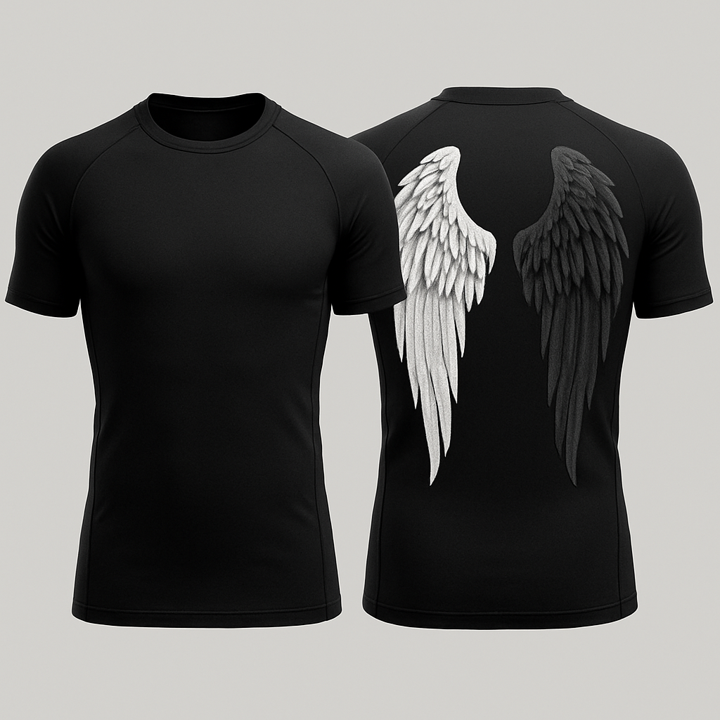 Black base compression fit short sleeve rash guard with angel wings in the back 

Make one wing white and the other black but lighter shade of black compared to the base color 

Make the black wing a little more of a lighter shade 

Black base compression fit short sleeve rash guard with angel wings in the back 

Make one wing white and the other black but lighter shade of black compared to the base color 

Make the black wing a little more of a lighter shade , streetwear style, show front and back