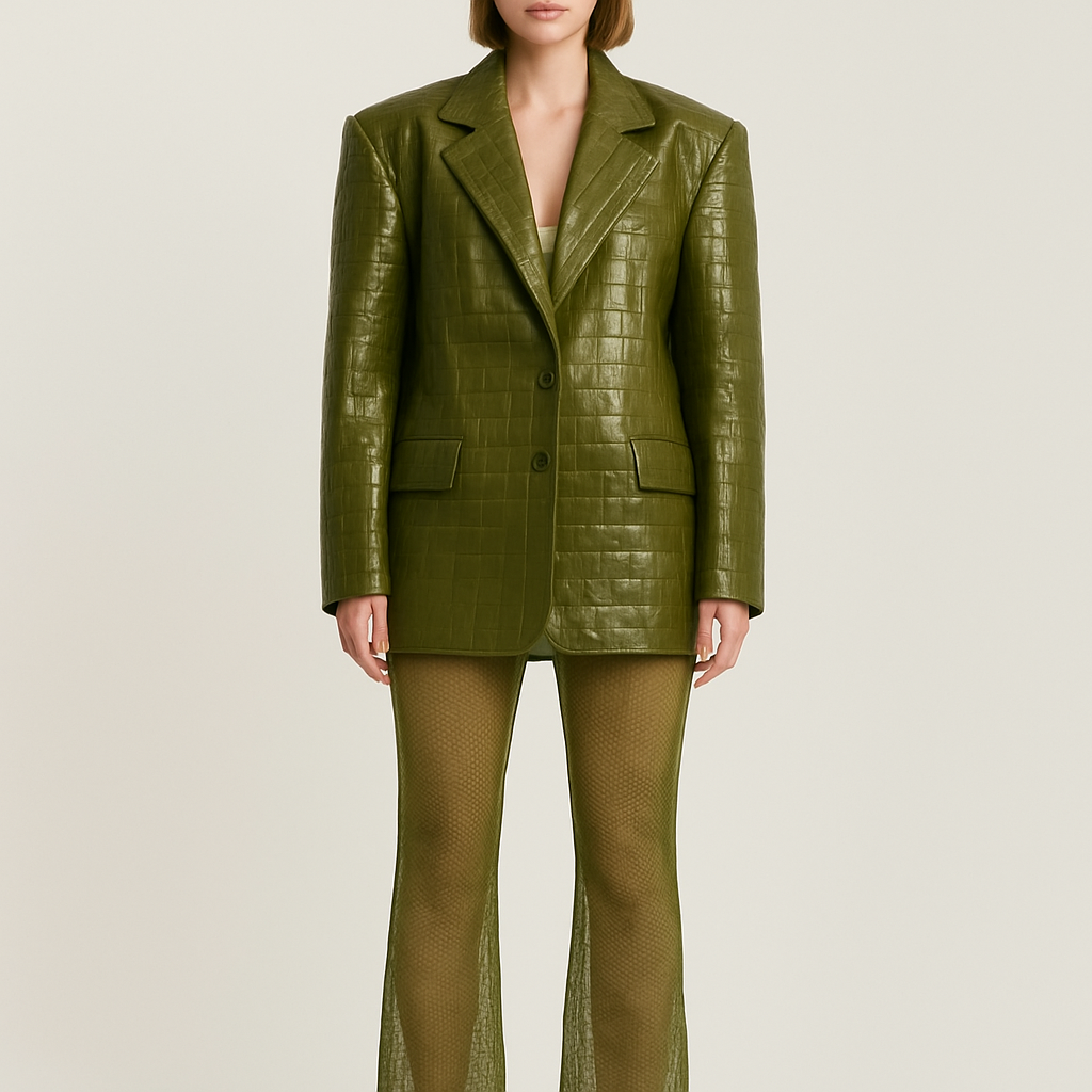 Can you make a leather oversized blazer crocodile print coming to the mid thigh in olive green with shoulder pads
Can you change it to high gloss shine and a lighter shade of olive and show it on a model with bare legs
Can you make the crocodile print more detailed and change the shade to a more shade green and pair it with the same colour mesh trousers
Can you change the colour to cherry red with matching mesh trousers that have a faint snake print design
Can you make the blazer more oversized and a deeper shade of red closer to wine and the trousers looser
Can you show the image in full length with mesh snakeskin flares
Can you change the whole outfit colour to beige
Change to cream with smaller crocodile print design
Can you make a leather oversized blazer crocodile print coming to the mid thigh in olive green with shoulder pads
Can you change it to high gloss shine and a lighter shade of olive and show it on a model with bare legs
Can you make the crocodile print more detailed and change the shade to a more shade green and pair it with the same colour mesh trousers
Can you change the colour to cherry red with matching mesh trousers that have a faint snake print design
Can you make the blazer more oversized and a deeper shade of red closer to wine and the trousers looser
Can you show the image in full length with mesh snakeskin flares
Can you change the whole outfit colour to beige
Change to cream with smaller crocodile print design