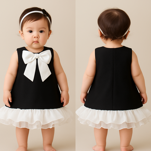 一歳の女の子着用画
ジャケット生地の黒のノンスリーブワンピース、丈は膝上
肩の部分、襟の部分が隠れるように白の大きなリボンをつけて、タレはなし

スカートの下の部分はしろで複数枚のオーガンジー（またはシフォン）生地を重ねたフリル
 段々ではなく一段の裾に立体フリルをぐるっと付けてほしい
スカートは一枚で、段差は作らない
裾の部分だけに「くるんとカールしたフリル」を密集させるイメージ
雲のように丸くふくらむ“バルーン”の裾に、花びらみたいなフリルが付いている形

背中に装飾はなし

頭には白のカチューシャ
カチューシャにはちょっとした黒い装飾