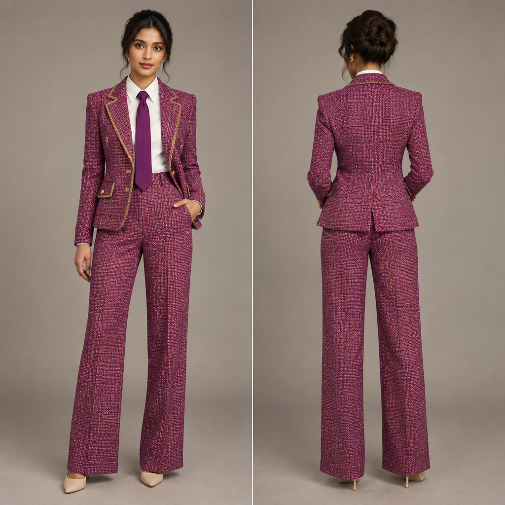 A Dress design, with a rich, textured surface, with a Tailored silhouette, with a minimal-coverage cut, in a Bold & Bright color palette, for Work, in Formal style, shown on a model with medium skin tone and a petite figure. Two-piece pants and top with a blazer and tie giving the University convocation vibe,modest yet attention seeking ,unique colour, with tweed fabric Present it as professional fashion catalogue photography: the garment is the subject, shown full-length with editorial styling, neutral posing and tasteful, non-suggestive framing.
photorealistic fashion design, A Dress design, with a rich, textured surface, with a Tailored silhouette, with a minimal-coverage cut, in a Bold & Bright color palette, for Work, in Formal style, shown on a model with medium skin tone and a petite figure. Two-piece pants and top with a blazer and tie giving the University convocation vibe,modest yet attention seeking ,unique colour, with tweed fabric Present it as professional fashion catalogue photography: the garment is the subject, shown full-length with editorial styling, neutral posing and tasteful, non-suggestive framing., formal style, just the design no text, show front and back