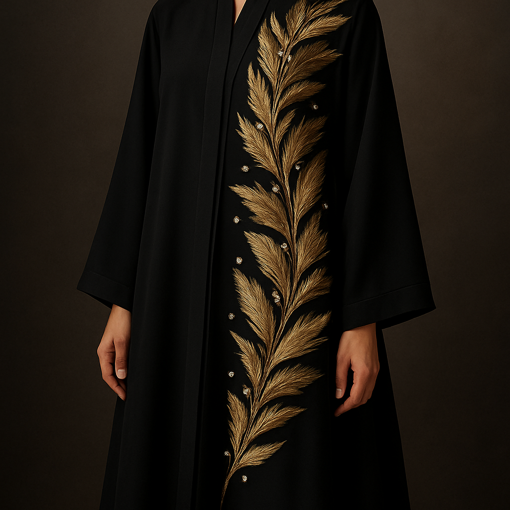 The Golden Feather Bloom Abaya
Tone: Onyx black
Design:
Handmade metallic gold feather petals arranged across one side with delicate embroidery.
Embellishment:
Champagne stones placed between feathers for a couture glow.
Vibe: Dramatic couture with modern softness.

The Golden Feather Bloom Abaya
Tone: Onyx black
Design:
Handmade metallic gold feather petals arranged across one side with delicate embroidery.
Embellishment:
Champagne stones placed between feathers for a couture glow.
Vibe: Dramatic couture with modern softness.