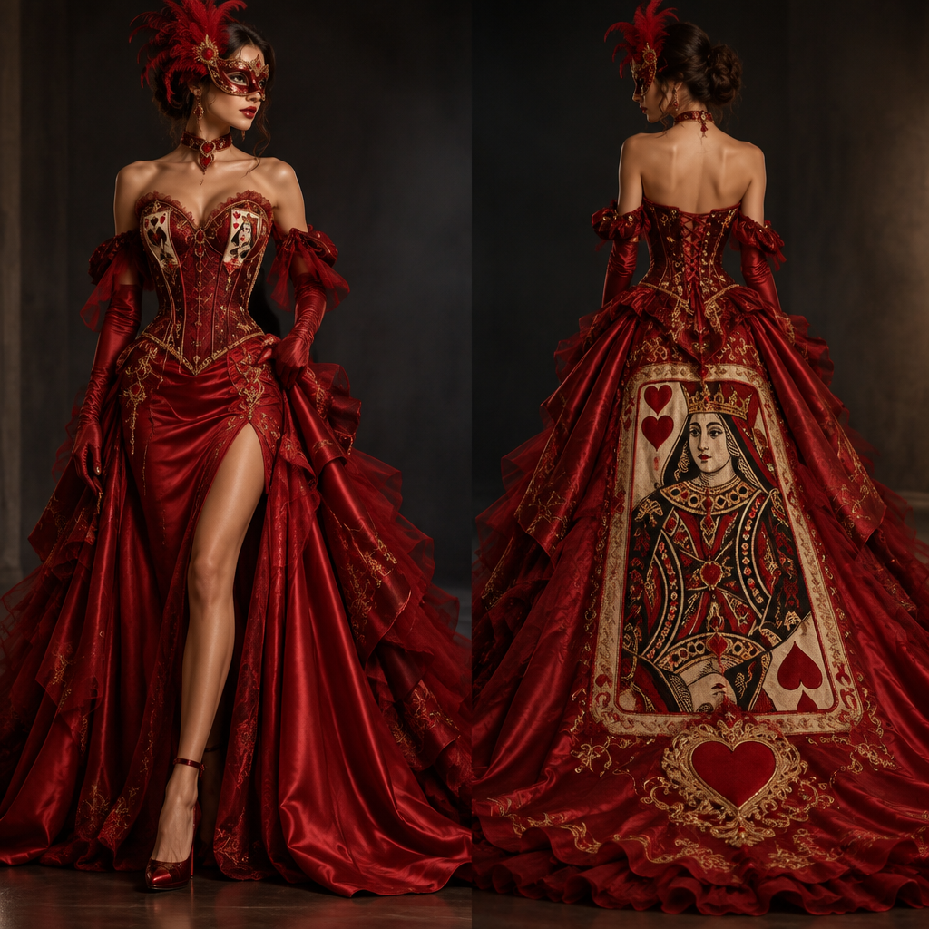 AI FASHION DESIGN PROMPT: "The Red Queen’s Masquerade"
CORE ELEMENTS & CONCEPT
A blood-red prom gown that fuses the opulent mystery of a Venetian masquerade with the regal, card-inspired iconography of the Queen of Hearts. The design must feel like a modern haute couture interpretation of a vintage fantasy—structured, dramatic, and unmistakably a Queen of Hearts dress.
SILHOUETTE & STRUCTURE
Floor-length, fit-and-flare or mermaid silhouette. The bodice is a structured corset with visible, elegant boning and a sweetheart or off-the-shoulder neckline—a key 2026 prom trend that merges vintage corsetry with modern construction. The corset should have a lace-up back for dramatic reveal. A high thigh slit adds modern edge. The skirt flares into a dramatic, sweeping train at the back.
FABRIC & COLOR
Primary fabric: liquid satin or stretch crepe in a deep, saturated blood red (crimson/siren red). The bodice can be overlaid with sheer illusion tulle or velvet for texture. The train should be voluminous, perhaps with layered organza or tulle ruffles for movement and drama.
QUEEN OF HEARTS CARD EMBELLISHMENTS (CRITICAL)
The playing card motif must be incorporated as a structural design element, not just a print.
• Back/Train: A large, sculptural Queen of Hearts playing card appliqué or hand-stitched card panel integrated into the center of the train, as if the train itself is an extension of the card. The card should be blood-red with ornate gold or black detailing, slightly oversized for drama.
• Front Bodice (Two Cards): On either side of the front bodice, above the breast and adjacent to the underarm area, place two smaller, symmetrical Queen of Hearts card motifs. These should be integrated as corset panel details or appliqués, not loose stickers—perhaps as velvet or satin patches with gold filigree edges.
MASQUERADE ELEMENTS
• A matching blood-red masquerade mask is integral to the look, not optional. The mask should echo the card motif—perhaps a half-mask with gold heart accents and delicate feather trim.
• Optional: A bolero jacket or structured capelet that can frame the shoulders and remove to reveal the full corset, adding a layer of masquerade mystery.
VINTAGE-MODERN TENSION
The vintage comes through in the corset structure, the regal sweep of the train, and the card imagery. The modern comes through in the clean, architectural lines of the bodice, the high slit, and the sheer illusion fabrics. The overall effect should feel like a 1950s Queen of Hearts reimagined by a 2026 couture house.
TECHNICAL SPECIFICATIONS & OUTPUT
• View: Full-body front view, standing model, 3/4 angle.
• Lighting: Dramatic studio lighting with soft shadows to emphasize the red satin sheen and card details.
• Style: High-end fashion editorial photography, Vogue runway aesthetic.
• Resolution: 8K ultra-high resolution.
• Negative prompts: –no pastel colors, –no floral prints, –no casual elements, –no short hemline.
photorealistic fashion design, AI FASHION DESIGN PROMPT: "The Red Queen’s Masquerade"
CORE ELEMENTS & CONCEPT
A blood-red prom gown that fuses the opulent mystery of a Venetian masquerade with the regal, card-inspired iconography of the Queen of Hearts. The design must feel like a modern haute couture interpretation of a vintage fantasy—structured, dramatic, and unmistakably a Queen of Hearts dress.
SILHOUETTE & STRUCTURE
Floor-length, fit-and-flare or mermaid silhouette. The bodice is a structured corset with visible, elegant boning and a sweetheart or off-the-shoulder neckline—a key 2026 prom trend that merges vintage corsetry with modern construction. The corset should have a lace-up back for dramatic reveal. A high thigh slit adds modern edge. The skirt flares into a dramatic, sweeping train at the back.
FABRIC & COLOR
Primary fabric: liquid satin or stretch crepe in a deep, saturated blood red (crimson/siren red). The bodice can be overlaid with sheer illusion tulle or velvet for texture. The train should be voluminous, perhaps with layered organza or tulle ruffles for movement and drama.
QUEEN OF HEARTS CARD EMBELLISHMENTS (CRITICAL)
The playing card motif must be incorporated as a structural design element, not just a print.
• Back/Train: A large, sculptural Queen of Hearts playing card appliqué or hand-stitched card panel integrated into the center of the train, as if the train itself is an extension of the card. The card should be blood-red with ornate gold or black detailing, slightly oversized for drama.
• Front Bodice (Two Cards): On either side of the front bodice, above the breast and adjacent to the underarm area, place two smaller, symmetrical Queen of Hearts card motifs. These should be integrated as corset panel details or appliqués, not loose stickers—perhaps as velvet or satin patches with gold filigree edges.
MASQUERADE ELEMENTS
• A matching blood-red masquerade mask is integral to the look, not optional. The mask should echo the card motif—perhaps a half-mask with gold heart accents and delicate feather trim.
• Optional: A bolero jacket or structured capelet that can frame the shoulders and remove to reveal the full corset, adding a layer of masquerade mystery.
VINTAGE-MODERN TENSION
The vintage comes through in the corset structure, the regal sweep of the train, and the card imagery. The modern comes through in the clean, architectural lines of the bodice, the high slit, and the sheer illusion fabrics. The overall effect should feel like a 1950s Queen of Hearts reimagined by a 2026 couture house.
TECHNICAL SPECIFICATIONS & OUTPUT
• View: Full-body front view, standing model, 3/4 angle.
• Lighting: Dramatic studio lighting with soft shadows to emphasize the red satin sheen and card details.
• Style: High-end fashion editorial photography, Vogue runway aesthetic.
• Resolution: 8K ultra-high resolution.
• Negative prompts: –no pastel colors, –no floral prints, –no casual elements, –no short hemline. , vintage style, just the design no text, show front and back