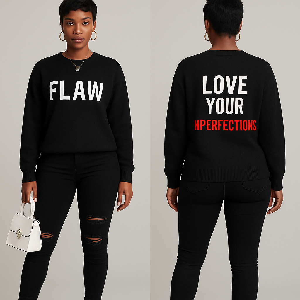 Black woman
Pixie cut
Black Long sleeve sweater shirt on the front it says Flaw in white and on the back it says in white Love Your Imperfections in red 🌹
Tight black ripped jeans
White boot heels
Good jewelry
White purse
Black woman
Pixie cut
Black Long sleeve sweater shirt on the front it says Flaw in white and on the back it says in white Love Your Imperfections in red 🌹
Tight black ripped jeans
White boot heels
Good jewelry
White purse
, show front and back