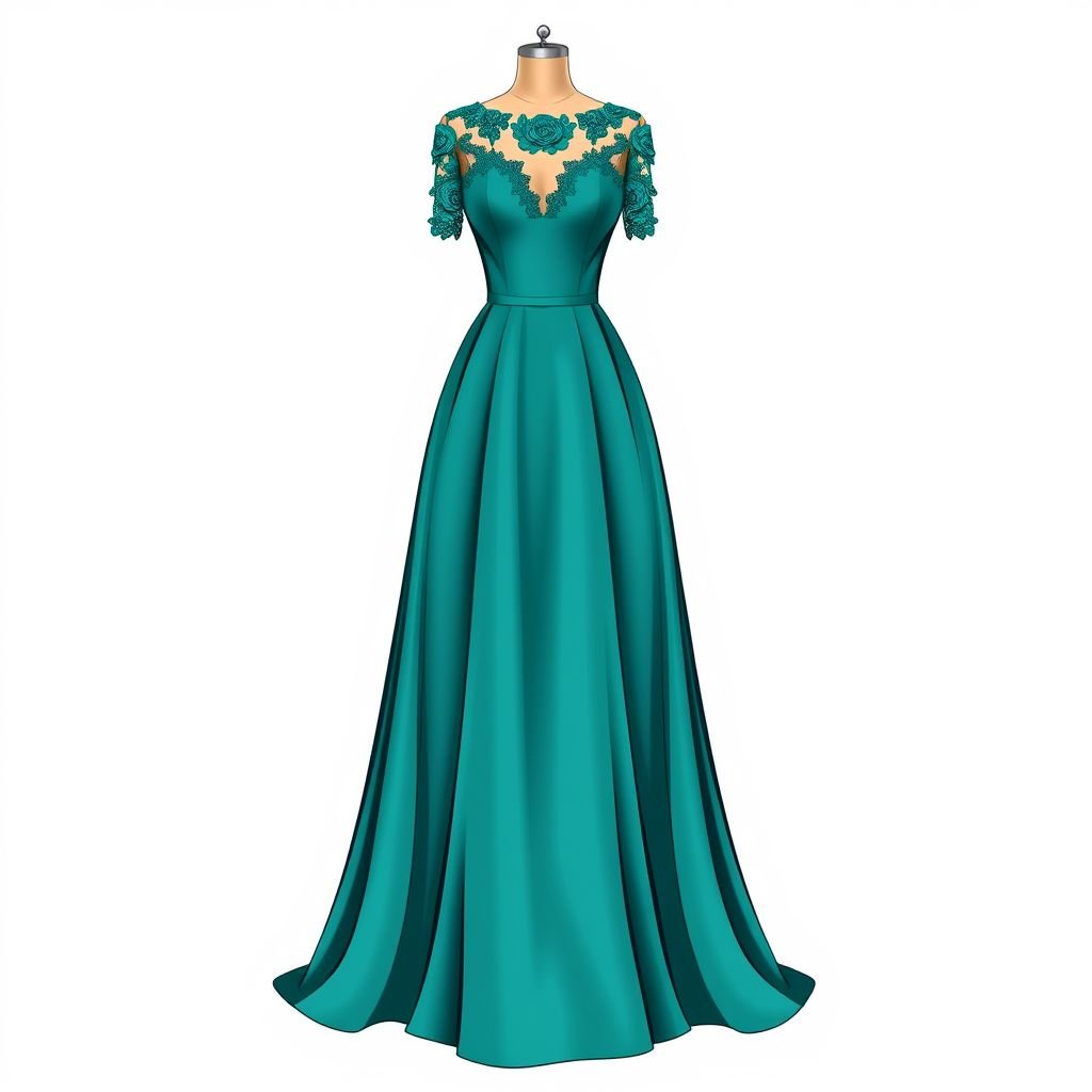 Teal dress long flows from waist down for a date
Design an elegant teal formal dress featuring a structured bodice and a flowing A-line skirt that cascades gracefully from the waist to the floor. Incorporate delicate lace detailing along the neckline and sleeves, and add a subtle train for added drama. Accessorize with sparkling diamond earrings for a sophisticated date night look.
