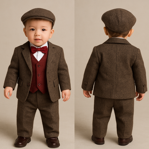 1歳の男の子着用
ベビースーツ上下
白のワイシャツ
ボルドーのツイード生地のベスト、濃いめのブラウンのツイード生地のジャケットとズボン
ボルドーの蝶ネクタイ、帽子はハンチング
靴はローファー