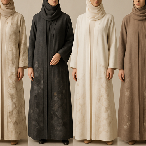Create a modest two-piece linen abaya, the first of its kind, featuring a unique stone design that exudes a classy and sophisticated vibe. I’d like four designs, each showcasing different styles and fabrics. Incorporate high-end, unique chic stone designs to make them truly special. Add little sophisticated stone designs.