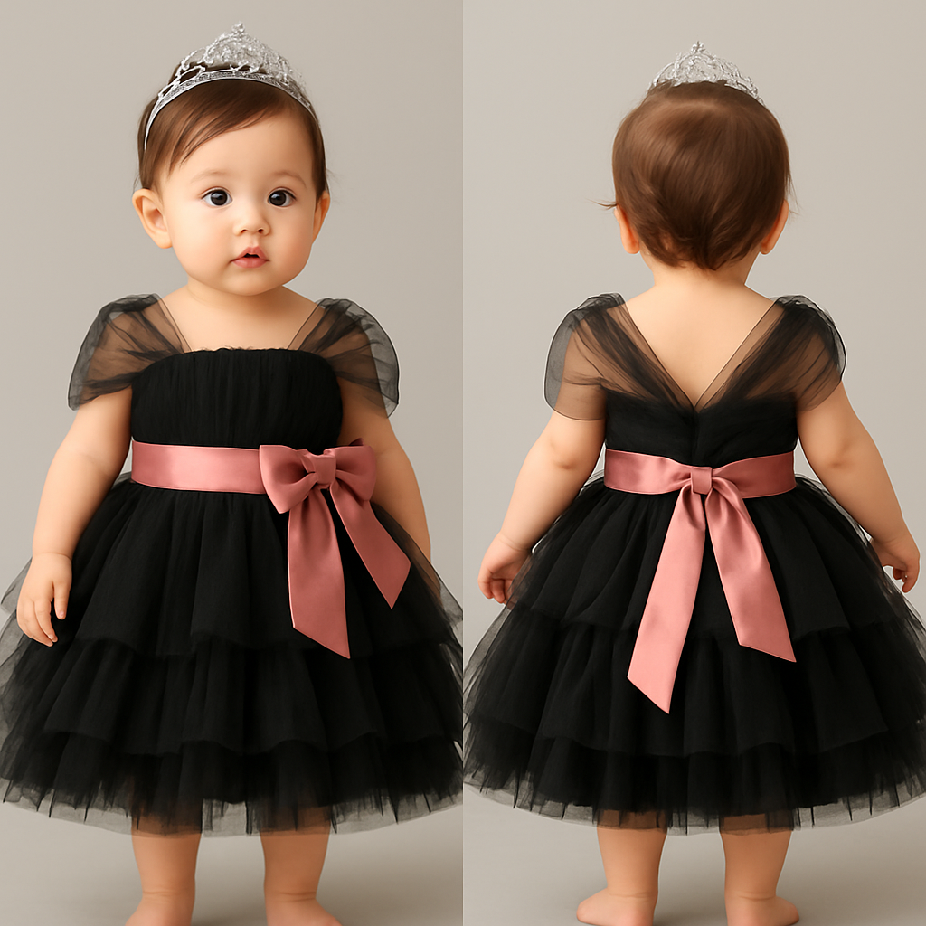1歳の女の子のベビードレス着用画
黒のチュールドレス、膝丈のラッフルスカート(ボリューミー)
上半身は、細かいギャザーを寄せたベアトップのチュールのボディス
その上から同一色のチュールショルダーラップ、肩から膝上までをふんわり巻き付けるように
胸下の切り返しにローズピンクのサテン生地の太めのリボンを前から一周巻いて、真ん中ではなく、左前あたりで大きくリボン縛り
リボンの結び目は前
頭には派手すぎないシルバーのティアラ
1歳の女の子のベビードレス着用画
黒のチュールドレス、膝丈のラッフルスカート(ボリューミー)
上半身は、細かいギャザーを寄せたベアトップのチュールのボディス
その上から同一色のチュールショルダーラップ、肩から膝上までをふんわり巻き付けるように
胸下の切り返しにローズピンクのサテン生地の太めのリボンを前から一周巻いて、真ん中ではなく、左前あたりで大きくリボン縛り
リボンの結び目は前
頭には派手すぎないシルバーのティアラ, show front and back