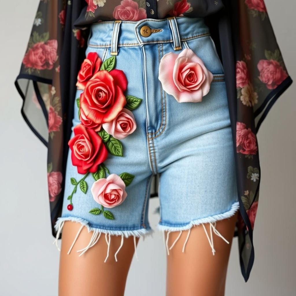 Shorts with a rose
Design a pair of high-waisted denim shorts adorned with intricate 3D embroidered roses cascading down one leg. The shorts feature a frayed hem for an edgy vibe, while the roses are in vibrant shades of red and blush pink. Complete this summer look with a sheer, floral-printed kimono for layering.