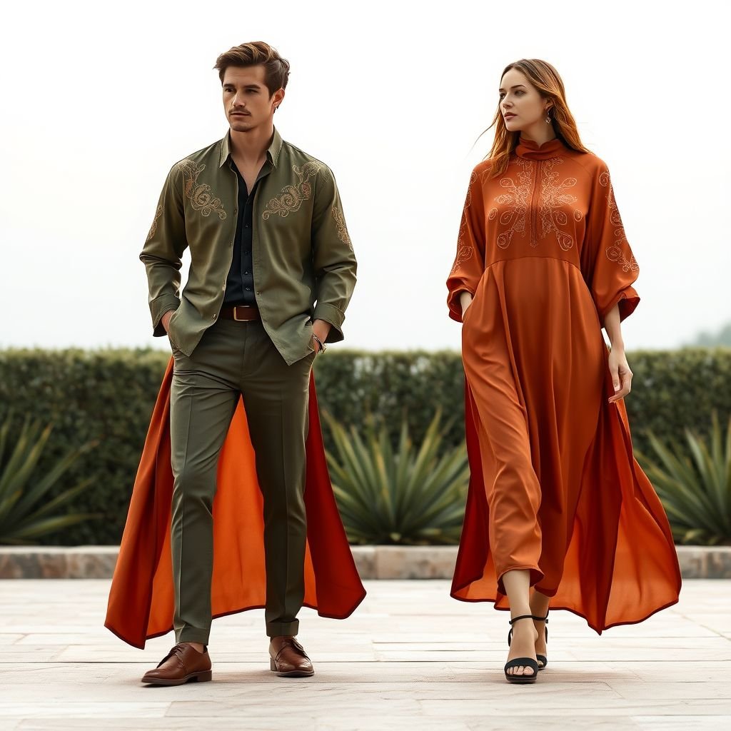 She: A flowing, A-line dress, resembling an abaya. The fabric is a rich terracotta color, a popular earthy tone right now. Intricate, eye-catching embroidery in a peach fuzz shade adorns the sleeves and bodice, creating a beautiful contrast. He: A matching shirt in a complementary shade, perhaps a muted olive green. It has subtle embroidery details that echo the design on her dress.
She: A flowing A-line dress, resembling an abaya, crafted from luxurious terracotta silk. Cascading sleeves showcase intricate, swirling embroidery in soft peach fuzz, evoking desert florals. A high neckline balances elegance with a hint of bohemian flair.
He: A tailored shirt in muted olive, its understated elegance elevated by delicate embroidery mirroring her dress's motifs. Paired with tailored trousers and earthy leather sandals, the ensemble captures a harmonious blend of modern sophistication and cultural reverence, perfect for a sunset garden gathering.
