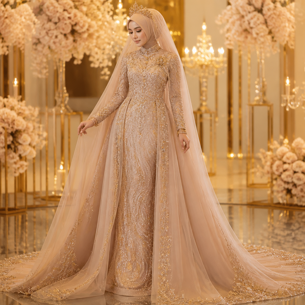 A Female Dress design, in Glamorous style. make the mosleme wedding gown nude colour with gold accesories and blink. Indonesia fashion aesthetics.
photorealistic fashion design, A Female Dress design, in Glamorous style. make the mosleme wedding gown nude colour with gold accesories and blink. Indonesia fashion aesthetics., glamorous style, just the design no text