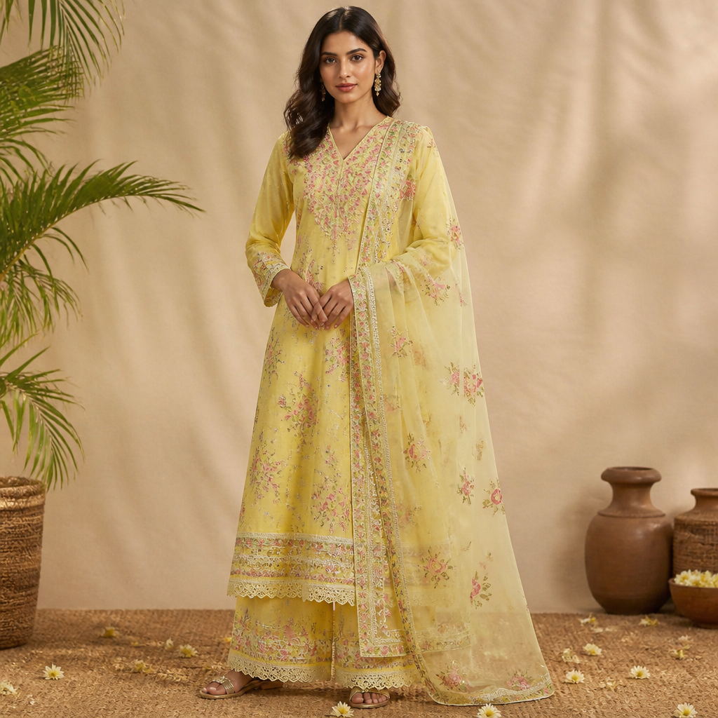 A Female fashion design. Consider Indian fashion aesthetics — consider saree, lehenga, salwar kameez, kurti, anarkali; local fabrics like chanderi, banarasi, chikankari, block prints; vibrant colors and rich embroidery. Current season is Summer in India.
photorealistic fashion design, A Female fashion design. Consider Indian fashion aesthetics — consider saree, lehenga, salwar kameez, kurti, anarkali; local fabrics like chanderi, banarasi, chikankari, block prints; vibrant colors and rich embroidery. Current season is Summer in India., just the design no text