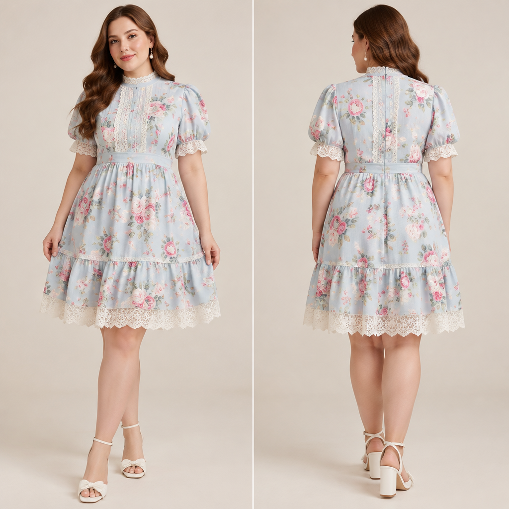 A Female Dress design, with modest, full coverage: longer hemlines, higher necklines and covered shoulders, in a Pastels color palette, for Party, suitable for Summer, in Classic style, shown on a model with light skin and a curvy figure. light blue floarly short dress with bold blossom pink roses and a lil bit of white lace. JM fashion aesthetics. Present it as professional fashion catalogue photography: the garment is the subject, shown full-length with editorial styling, neutral posing and tasteful, non-suggestive framing.
photorealistic fashion design, A Female Dress design, with modest, full coverage: longer hemlines, higher necklines and covered shoulders, in a Pastels color palette, for Party, suitable for Summer, in Classic style, shown on a model with light skin and a curvy figure. light blue floarly short dress with bold blossom pink roses and a lil bit of white lace. JM fashion aesthetics. Present it as professional fashion catalogue photography: the garment is the subject, shown full-length with editorial styling, neutral posing and tasteful, non-suggestive framing., classic style, just the design no text, show front and back