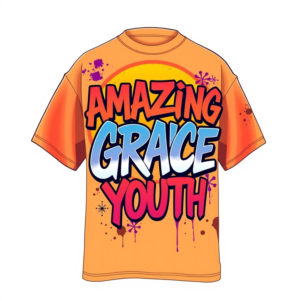 Put “Amazing Grace Youth” in a design for the front of a shirt
Design a vibrant streetwear-inspired t-shirt featuring "Amazing Grace Youth" in bold, graffiti-style typography. The shirt boasts an oversized fit with a striking gradient of sunset oranges and purples. Accentuate the design with abstract floral motifs and playful splashes of paint, embodying youthful energy and artistic expression in every stitch.