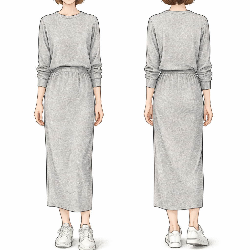 Make sure the fabric is cotton a long sleeve grey thin sweater with a pencil long skirt and white sneakers make sure the skirt isn’t too tight don’t draw the face make sure their is no slit on the skirt make it cotton like a fashion design drawing of it not human pictures
Make sure the fabric is cotton a long sleeve grey thin sweater with a pencil long skirt and white sneakers make sure the skirt isn’t too tight don’t draw the face make sure their is no slit on the skirt make it cotton like a fashion design drawing of it not human pictures , show front and back