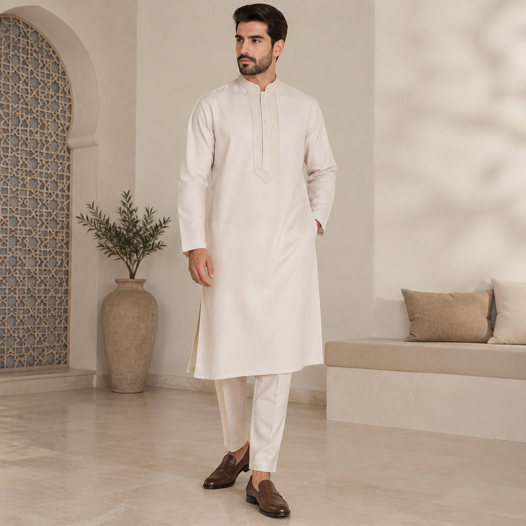 A Kurta design, in Minimalist + Business style. جميل. Morocco fashion aesthetics. Present it as professional fashion catalogue photography: the garment is the subject, shown full-length with editorial styling, neutral posing and tasteful, non-suggestive framing.
photorealistic fashion design, A Kurta design, in Minimalist + Business style. جميل. Morocco fashion aesthetics. Present it as professional fashion catalogue photography: the garment is the subject, shown full-length with editorial styling, neutral posing and tasteful, non-suggestive framing., minimalist style, just the design no text