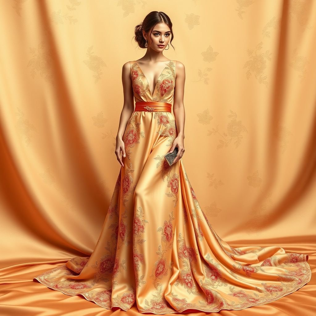 A luxury prom wear
Create an opulent prom wear design featuring a flowing silk gown with intricate hand-embroidered floral patterns and shimmering sequins. Incorporate a deep plunging neckline and a dramatic train that sweeps the floor, accented with a silk satin belt adorned with gemstones. Complete the look with elegant, crystal-encrusted heels and a delicate clutch.