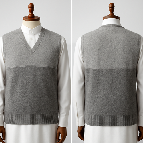 
‏Prompt 3 — Tonal Texture (Light Grey / Charcoal)
‏Photorealistic two-tone cashmere vest with tonal texture variation, slightly deeper V-neck; top Light Grey and bottom Charcoal of same hue family; fine slub contrast on lower panel, delicate chest seam; handcrafted edge stitching; layered over a pristine white Saudi thobe beneath; placed on a luxurious wooden mannequin; clean studio backdrop; crisp editorial lighting and fabric close-up