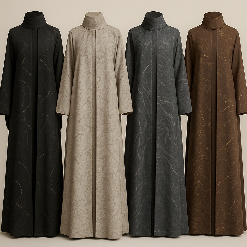 Create a modest two-piece abaya, the first of its kind, featuring a unique stone design that exudes a classy and sophisticated vibe. I'd like four designs, each showcasing different styles and fabrics. Incorporate high-end, unique chic stone designs to make them truly special. Add little sophisticated stone designs.

Create a modest two-piece abaya, the first of its kind, featuring a unique stone design that exudes a classy and sophisticated vibe. I'd like four designs, each showcasing different styles and fabrics. Incorporate high-end, unique chic stone designs to make them truly special. Add little sophisticated stone designs.