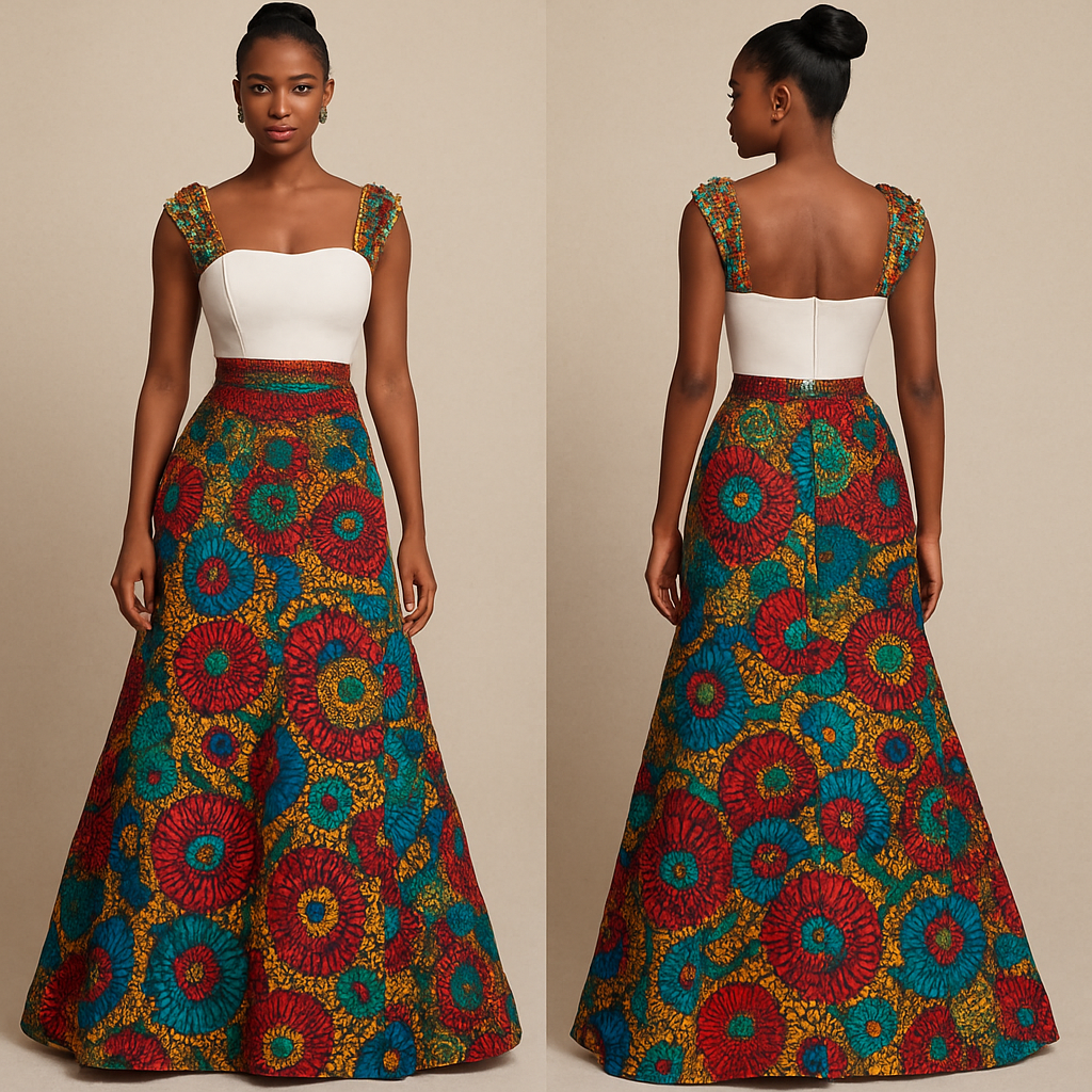 A gorgeous gown made in Ankara and aso oke with colorful beads as trape at the shoulder, tights fitted at the upper bust, mixed white fabric and aso oke at the lower bodice
A gorgeous gown made in Ankara and aso oke with colorful beads as trape at the shoulder, tights fitted at the upper bust, mixed white fabric and aso oke at the lower bodice , show front and back