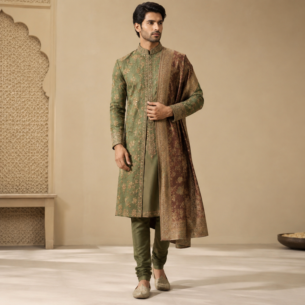 A Male fashion design. Consider Indian fashion aesthetics — consider saree, lehenga, salwar kameez, kurti, anarkali; local fabrics like chanderi, banarasi, chikankari, block prints; vibrant colors and rich embroidery. Current season is Autumn in India. Present it as professional fashion catalogue photography: the garment is the subject, shown full-length with editorial styling, neutral posing and tasteful, non-suggestive framing.
photorealistic fashion design, A Male fashion design. Consider Indian fashion aesthetics — consider saree, lehenga, salwar kameez, kurti, anarkali; local fabrics like chanderi, banarasi, chikankari, block prints; vibrant colors and rich embroidery. Current season is Autumn in India. Present it as professional fashion catalogue photography: the garment is the subject, shown full-length with editorial styling, neutral posing and tasteful, non-suggestive framing., just the design no text