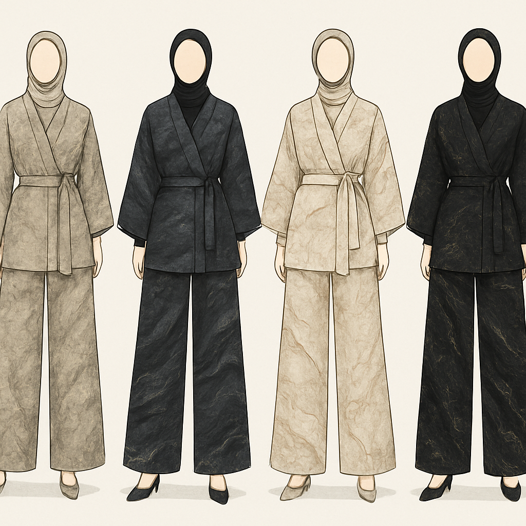 Create a modest two piece loose pant and kimono , first of its kind, featuring a unique stone design that exudes a classy and sophisticated vibe. I'd like four designs, each showcasing different styles and fabrics. Incorporate high-end, unique chic stone designs to make them truly special. Add little sophisticated stone designs. Make it irresistible!
Create a modest two piece loose pant and kimono , first of its kind, featuring a unique stone design that exudes a classy and sophisticated vibe. I'd like four designs, each showcasing different styles and fabrics. Incorporate high-end, unique chic stone designs to make them truly special. Add little sophisticated stone designs. Make it irresistible!