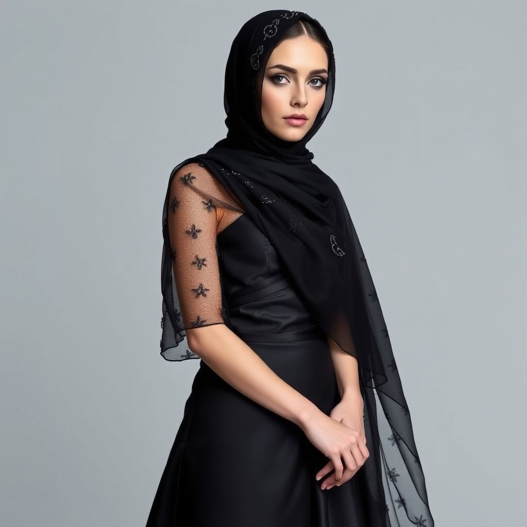 Plain Satin gown for a bride which is black in colour. It also has pleats of black net stitched to the left shoulder that cross through chest covering the chest area and can be laid on right hand where the model folds hand at elbow and that’s where the net rests and the rest of the net goes to the back till floorlength. The model should wear a headscarf with embroidered net at the forehead part which is also black in colour but is opaque
Envision a striking black satin bridal gown, gracefully hugging the silhouette with structured pleats of delicate black net cascading from the left shoulder, elegantly crossing over the chest. The net flows to the elbow, resting softly on the arm before cascading to the floor in an ethereal train. Completing the look, an opaque black headscarf adorned with intricate embroidery gently frames the face, enhancing the bridal allure while adding a hint of modern mystique. This unconventional ensemble exudes sophistication and drama, perfect for the daring bride ready to redefine tradition.