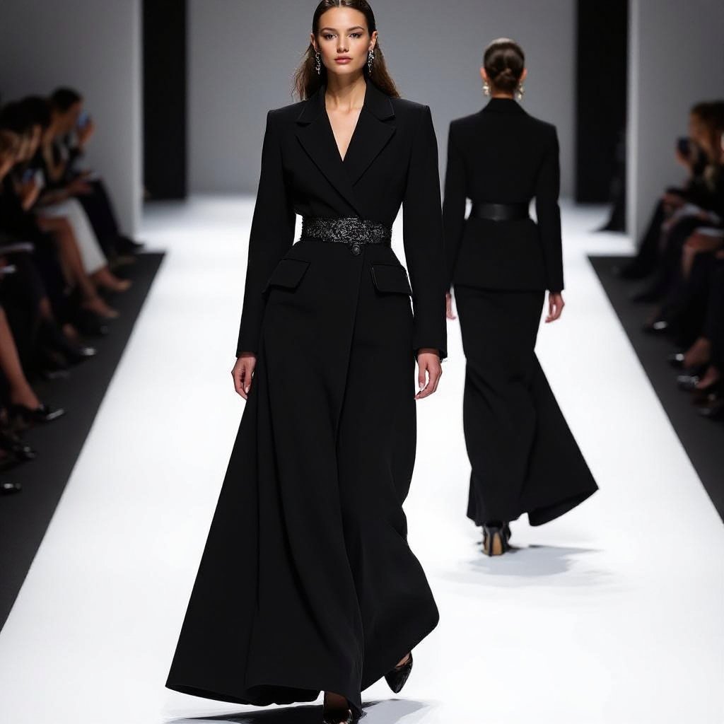 Abaya Blazer Design – Elegant Black Edition (Ankle Length) • Outer Fabric: • Worsted Wool Blend or Gabardine Wool in a luxurious black shade. • A refined, structured fabric that gives the abaya a strong, formal presence. • Inner Lining: • Bemberg Rayon or Silk Satin in black or dark grey, ensuring comfort and fluid movement. • Key Details: • A-Line cut flowing elegantly to ankle length for a practical yet graceful look. • Slim feminine blazer lapel with a clean, classic finish. • Hidden inner closure to maintain a seamless and sophisticated silhouette. • French Lace Integration (at the Waist): • Placement: A refined French lace panel or band positioned around the waistline at the front (optionally extending slightly to the sides). • Effect: Creates the illusion of a cinched waist, enhancing femininity while preserving the formal blazer character. • Pattern: Intricate floral and leafy motifs with delicate transparency, adding artistic depth and elegance to the design. • Back Design: • Kept plain and minimal, featuring a small back slit at the hem to emphasize the blazer look and allow ease of movement. ⸻ ✨ Result: An ankle-length abaya blazer in luxurious black fabric with French lace detailing at the waistline, subtly creating a cinched-waist effect. A perfect balance of formality, sophistication, and feminine elegance — ideal for evening events and high-end gatherings.
Vintage fashion: Ankle-length black wool abaya blazer, 1940s-inspired silhouette. Slim lapels, hidden closure. French lace waist detail for a cinched look. Subtle back slit for movement.