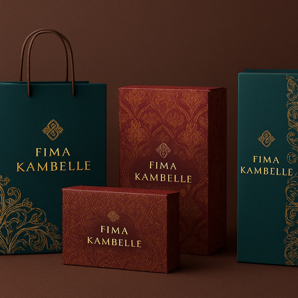 Create me 4 different unique, sophisticated packages materials for my clothing brand FIMA KAMBELLE by making it first of its kind and chic. Rich colors and designs 

Create me 4 different unique, sophisticated packages materials for my clothing brand FIMA KAMBELLE by making it first of its kind and chic. Rich colors and designs 