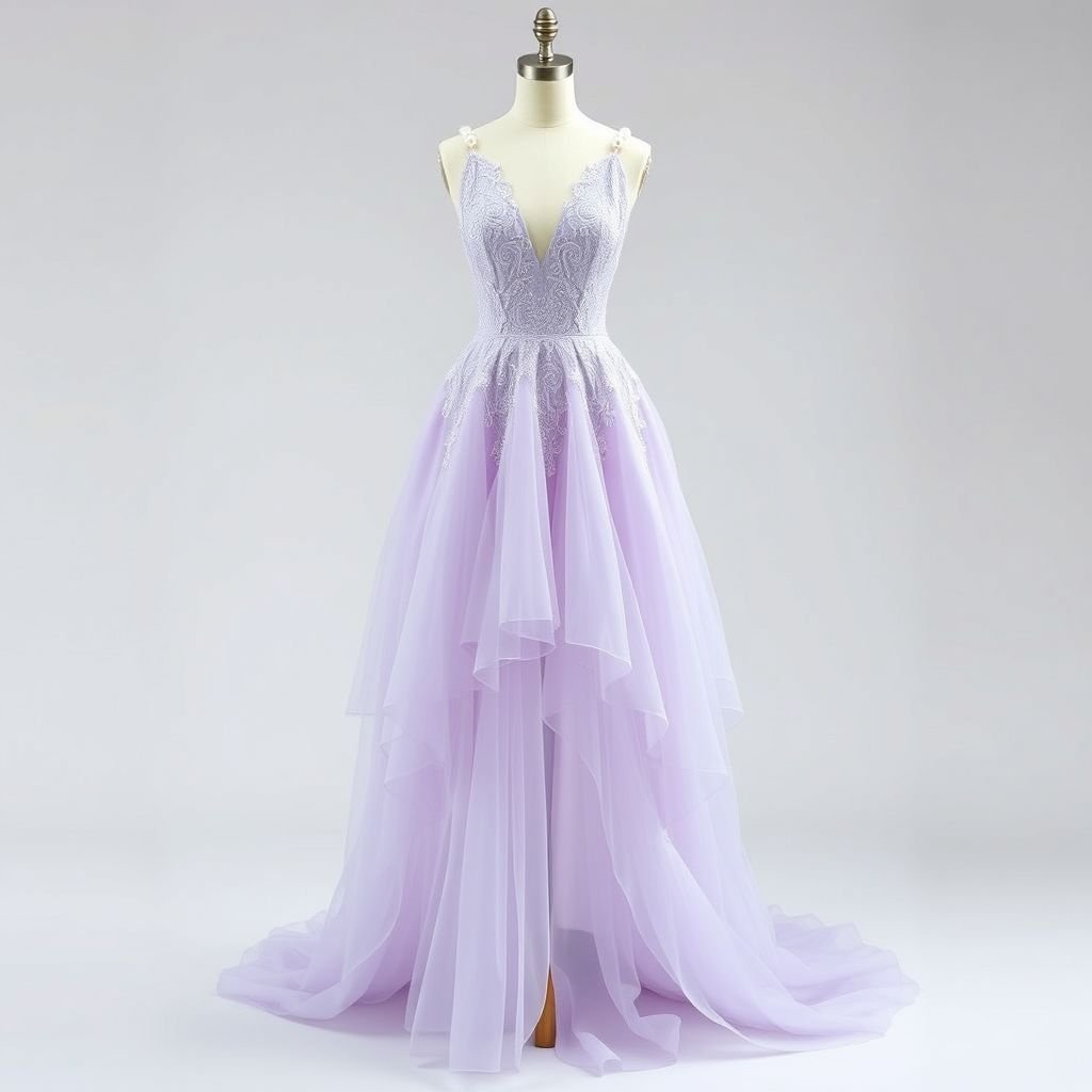 A unique classy gown
Envision a unique, classy gown that melds modern elegance with vintage charm. The silhouette features a high-low hemline, cascading tulle layers in a soft lavender hue. Intricate lace appliqués adorn the bodice, while pearl-embellished straps add a touch of sophistication. Finished with a graceful train for a stunning entrance.