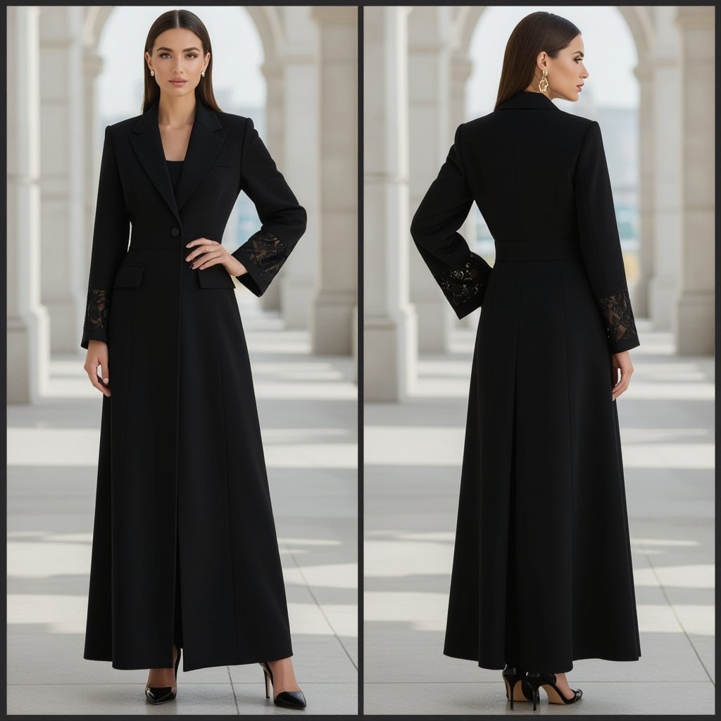 Abaya Blazer Design – Elegant Black Edition (Ankle Length) • Outer Fabric: • Worsted Wool Blend or Gabardine Wool in a luxurious black shade. • Structured and refined, perfect for a strong, formal silhouette. • Inner Lining: • Bemberg Rayon or Silk Satin in black or dark grey, adding comfort and fluidity. • Key Details: • A-Line cut tailored to ankle length, offering elegance with practicality. • Slim feminine blazer lapel with a neat, classic finish. • Hidden inner closure to preserve the sleek outer look. • French Lace Integration (Side Panels): • Placement: Panels of luxurious French lace running along both sides of the abaya, starting just below the armpits and extending down to the beginning of the waistline. • Effect: Creates a subtle illusion of a narrower waist from the sides, adding a refined feminine touch while keeping the formal blazer style intact. • Pattern: Intricate floral and leafy lace with slight transparency, enhancing depth and elegance. • Back Design: • The back remains plain, with a small center slit at the hem to emphasize the blazer identity and ease movement. ⸻ ✨ Result: An ankle-length abaya blazer in luxurious black fabric, featuring French lace side panels from under the arms down to the waistline. This placement creates a graceful illusion of slimming and femininity, blending strength, formality, and refined elegance — ideal for evening wear and upscale occasions.
Classic fashion: Ankle-length black wool blend abaya blazer with a neat lapel. It has a simple hidden closure. French lace panels run from under the arms to the waist, creating a subtle, classic detail. The back is plain with a small slit.