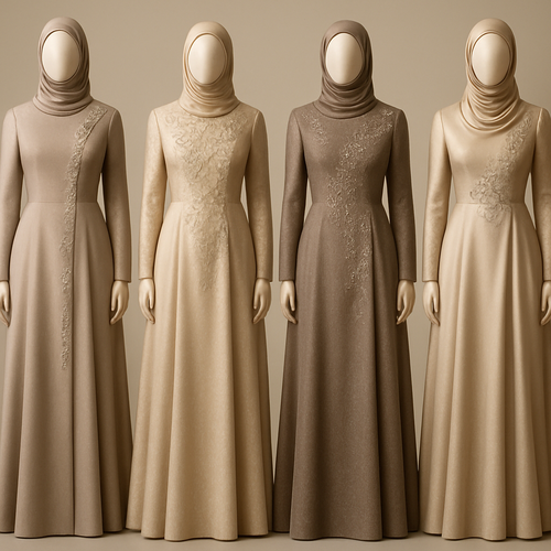 Create me modest dresses that's first in the world, using unique stone design, classy and sophisticated. Keep me 4 designs. Make them rich by adding minimal embroidery and stones designs. Showcasing different styles and fabric.