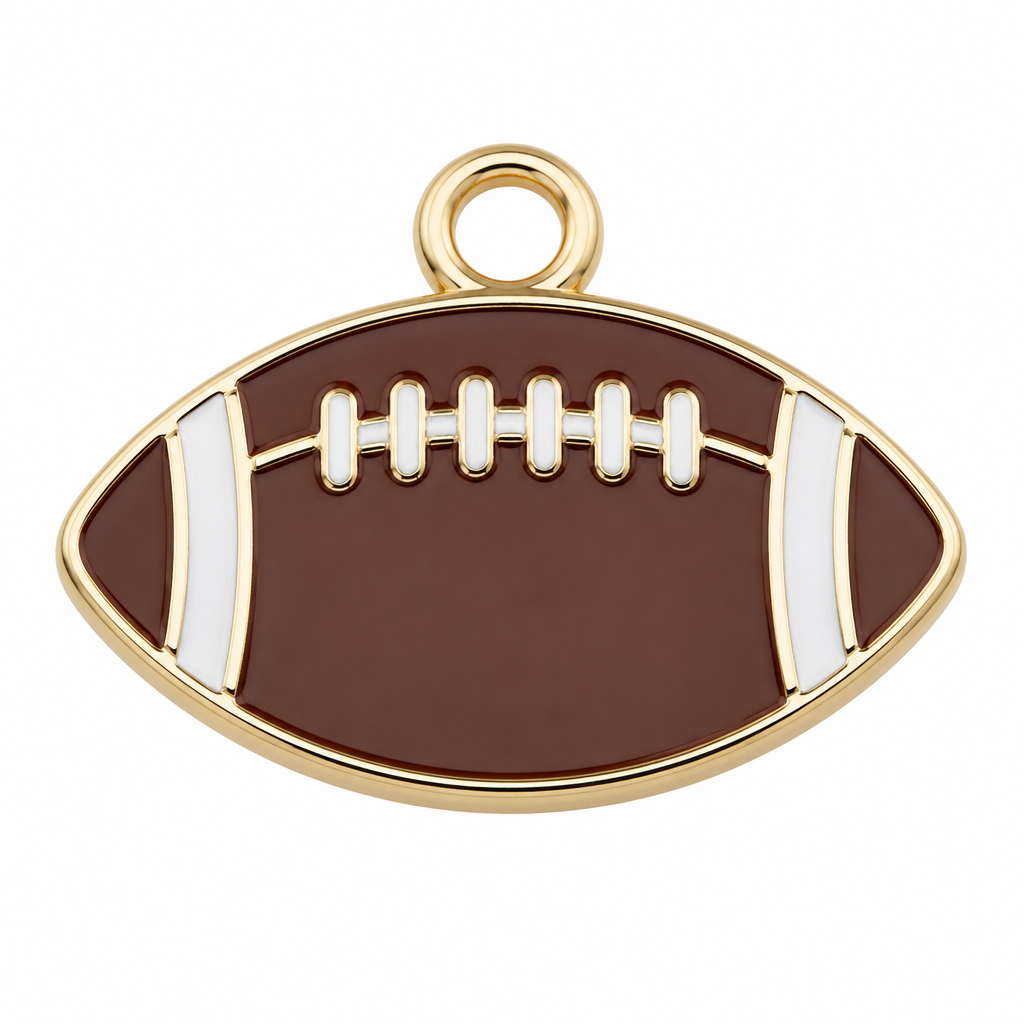 Design an 18mm flat enamel American football charm
photorealistic fashion design, Design an 18mm flat enamel American football charm, classic style, just the design no text
