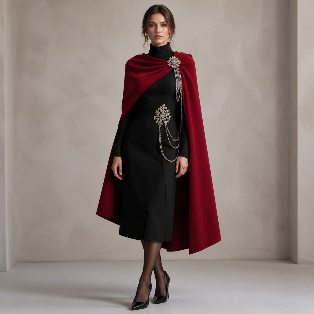 A Female Dress design, suitable for Fall. روب للركبة اسود سواد فاحم
الوشاح المنسدل والي على الاكتاف بلون احمر قرمزي
مع البروشة والسلاسل بلون فضي
تصميم فخم. IQ fashion aesthetics. Present it as professional fashion catalogue photography: the garment is the subject, shown full-length with editorial styling, neutral posing and tasteful, non-suggestive framing.
photorealistic fashion design, A Female Dress design, suitable for Fall. روب للركبة اسود سواد فاحم
الوشاح المنسدل والي على الاكتاف بلون احمر قرمزي
مع البروشة والسلاسل بلون فضي
تصميم فخم. IQ fashion aesthetics. Present it as professional fashion catalogue photography: the garment is the subject, shown full-length with editorial styling, neutral posing and tasteful, non-suggestive framing., just the design no text