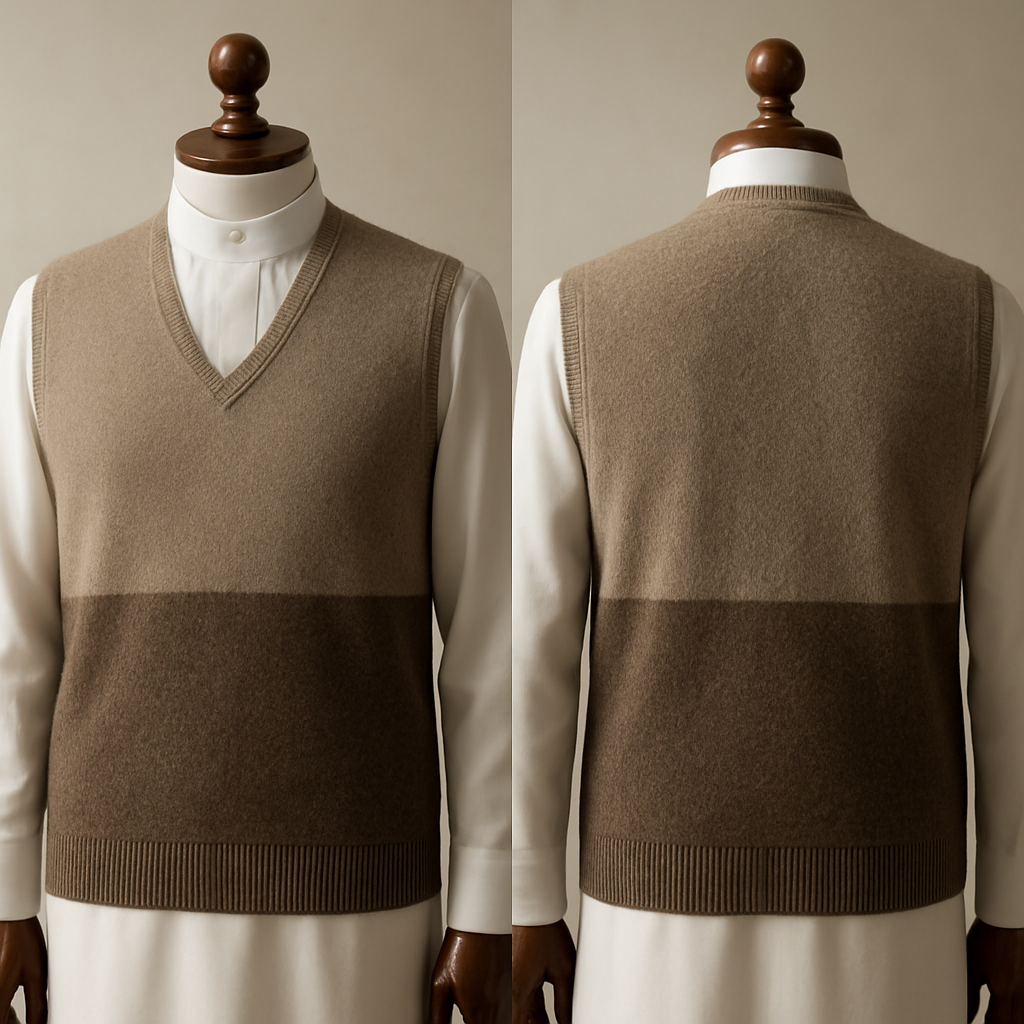 Prompt 4 — Tonal Texture (Taupe / Deep Brown)
Photorealistic two-tone cashmere (vest, )understated luxury, top Taupe and bottom Deep Brown; soft slub texture on lower panel, narrow refined rib at hem and armholes; discreet inner heritage jacquard; styled above a white Saudi thobe visible underneath; shown on an upscale polished wooden mannequin; soft directional light; high-detail textile photography.
Prompt 4 — Tonal Texture (Taupe / Deep Brown)
Photorealistic two-tone cashmere (vest, )understated luxury, top Taupe and bottom Deep Brown; soft slub texture on lower panel, narrow refined rib at hem and armholes; discreet inner heritage jacquard; styled above a white Saudi thobe visible underneath; shown on an upscale polished wooden mannequin; soft directional light; high-detail textile photography., show front and back