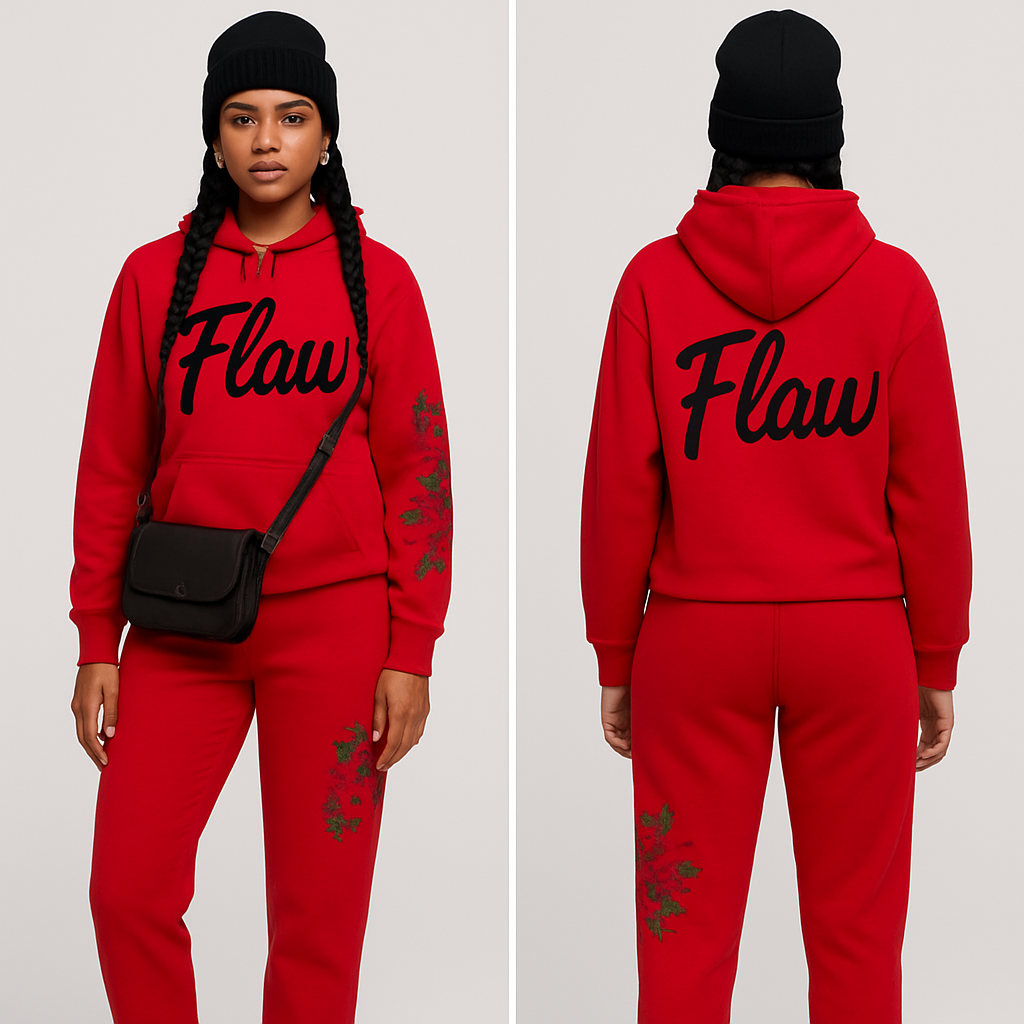 Red jogging suit hoodie with bold words Flaw in abbreviation on it in Black in cursive braids gold hoop earrings and gold bracelet flowers one sleeve and pants Black cross body purse and black nike shoes a black beanie saying Flaw in black
Red jogging suit hoodie with bold words Flaw in abbreviation on it in Black in cursive braids gold hoop earrings and gold bracelet flowers one sleeve and pants Black cross body purse and black nike shoes a black beanie saying Flaw in black , show front and back