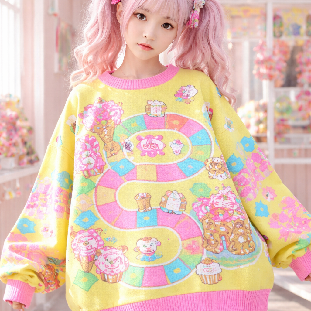 cute chunky neon candy land board game sweater
Japanese Street fashion design: Oversized cotton sweater, vibrant neon yellow, pink, blue. Graphic candy land board game pattern. Boxy fit, dropped shoulders. Perfect for a Harajuku style with playful charm.