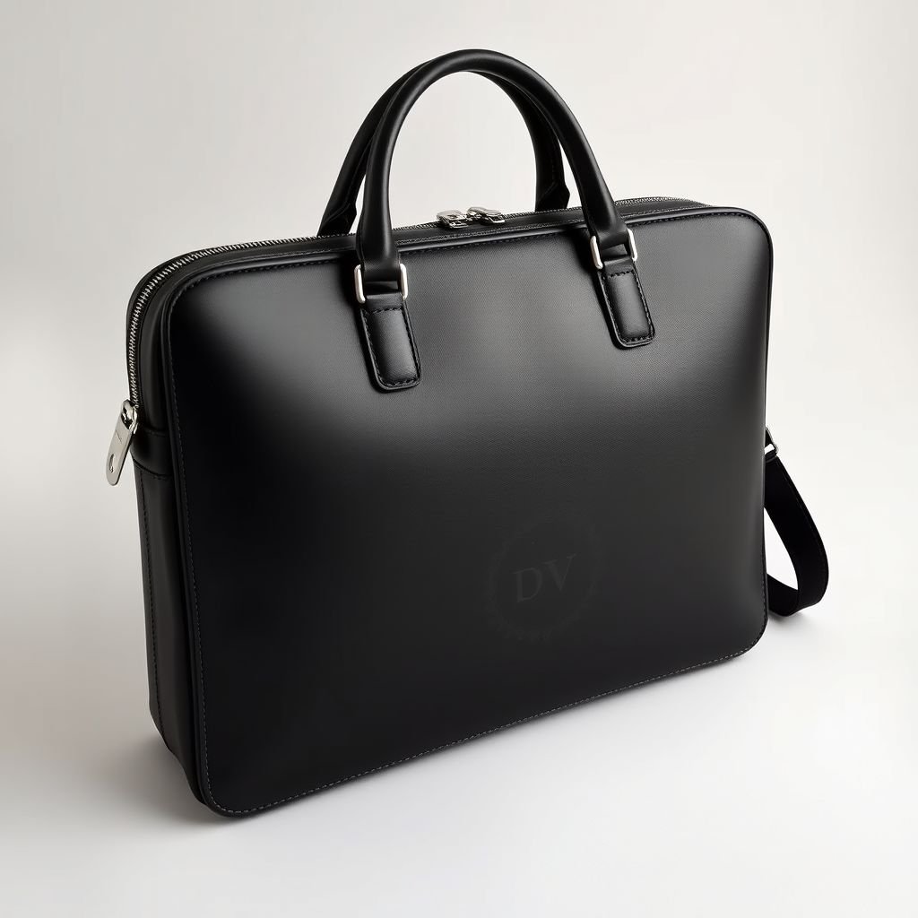 Men’s brief case with “DV” on it
Design a sleek, sophisticated men’s briefcase, crafted from premium black leather, featuring a subtle embossed “DV” logo. Incorporate silver hardware and a minimalist zip closure. The interior should exude professionalism, lined with deep navy silk, and include compartments for tech gadgets and documents. Tailor the design for the modern executive.