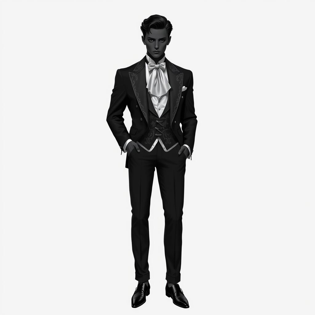 Design a elegant Black Prince suit
Create a sophisticated Black Prince suit that exudes elegance, featuring a tailored silhouette with structured shoulders and a high, intricately detailed collar. Incorporate luxurious fabrics like silk and velvet, adorned with subtle brocade patterns. The ensemble should include polished black leather shoes and a silk cravat, embodying timeless royal charm.