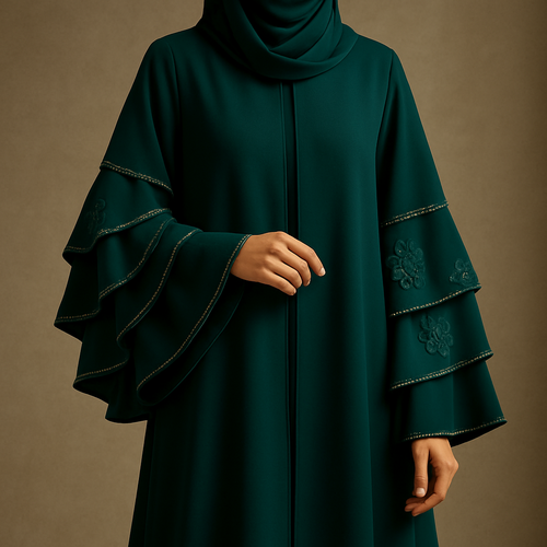 The Luxury Double-Sleeve Abaya
Tone: Deep Emerald Design: Layered double-sleeve with stone outlines and a few floral appliqués. Why it will sell: Double-sleeve designs trend every year sophisticated and instantly attractive.
