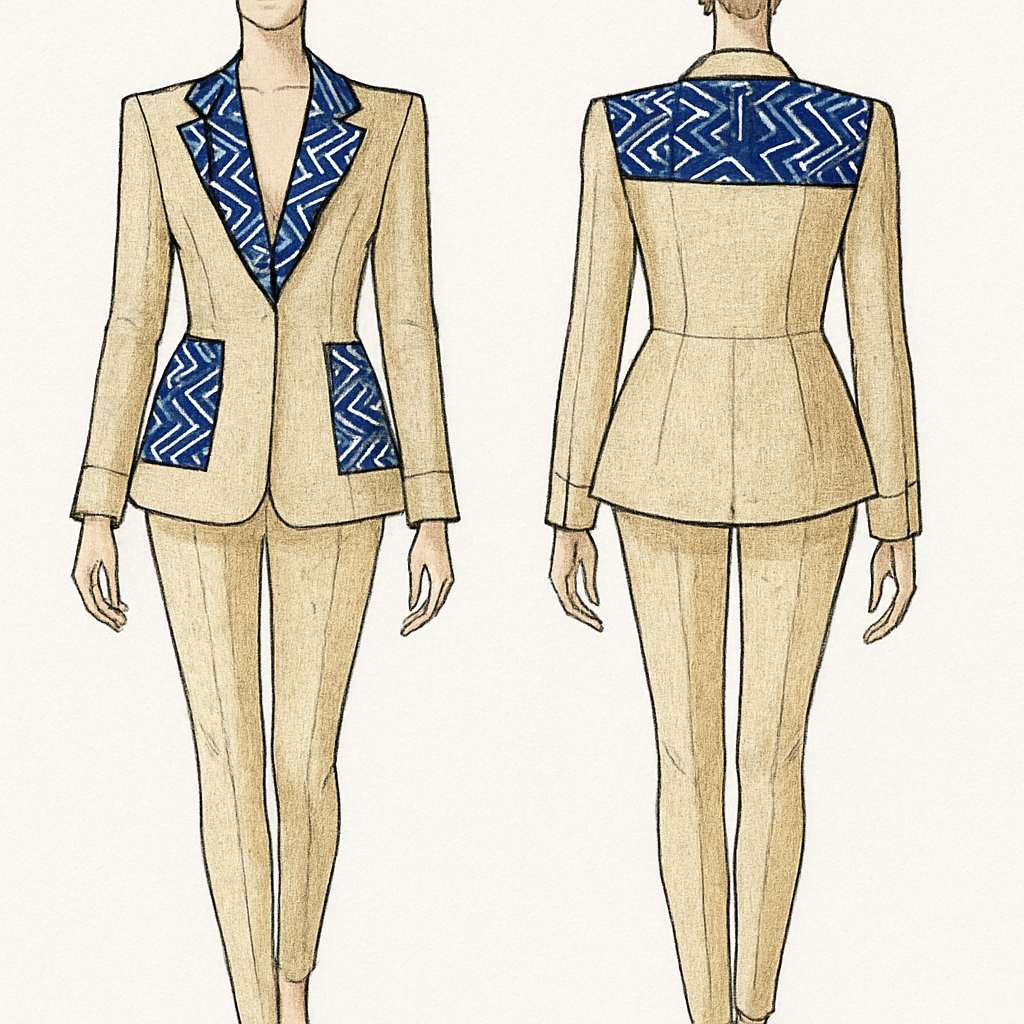 Front and back fashion illustration of a modern African blazer designed for a free-size fit, combining natural linen fabric with bold Adire print panels. Elegant, structured shoulders, fitted at waist with subtle peplum shaping, long sleeves with cuff details, and traditional-inspired geometric Adire patterns on lapels and back yoke. Include texture detail for linen and hand-drawn Adire motifs. Pose the figure in classic fashion sketch style on a neutral croquis, clean lines, and colored texture rendering. Background white, front and back views side by side.
Front and back fashion illustration of a modern African blazer designed for a free-size fit, combining natural linen fabric with bold Adire print panels. Elegant, structured shoulders, fitted at waist with subtle peplum shaping, long sleeves with cuff details, and traditional-inspired geometric Adire patterns on lapels and back yoke. Include texture detail for linen and hand-drawn Adire motifs. Pose the figure in classic fashion sketch style on a neutral croquis, clean lines, and colored texture rendering. Background white, front and back views side by side., luxury style, show front and back